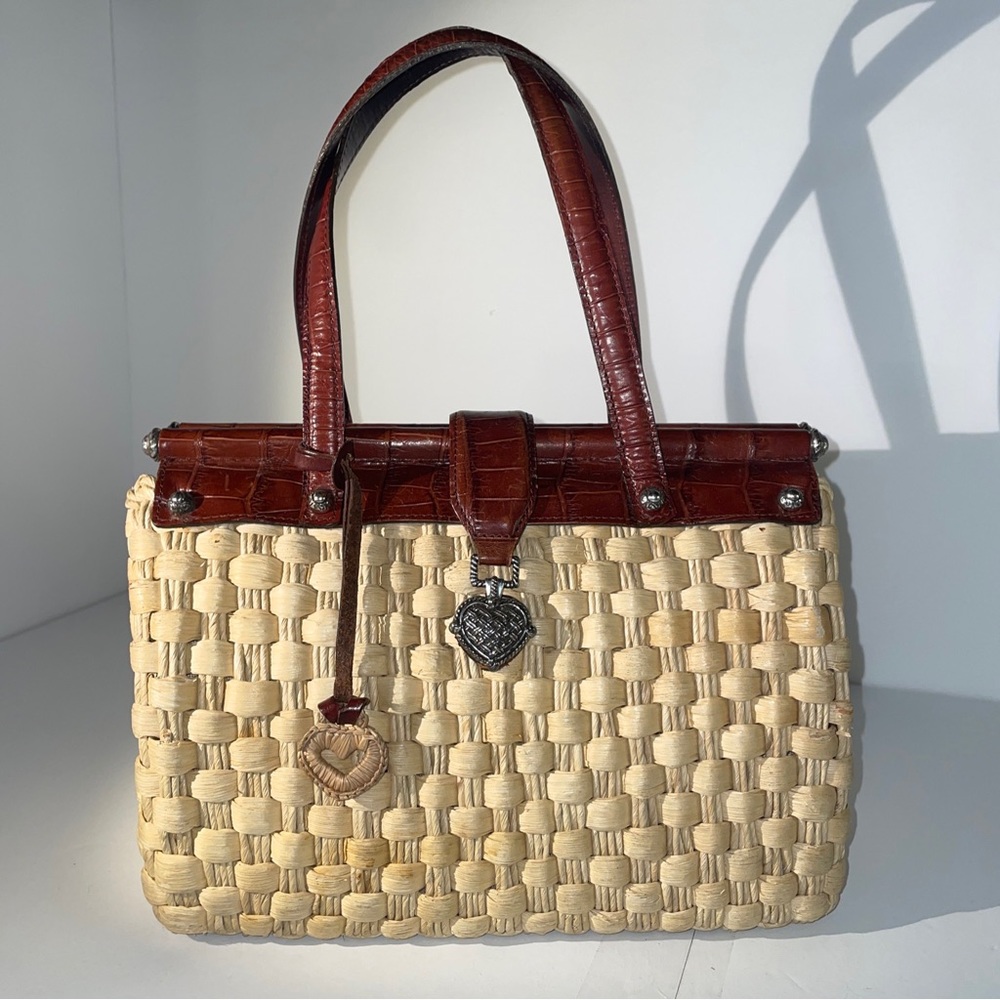 BRIGHTON Brown Crock Leather Naturar Straw Satchel Top Handles Bag Handbag